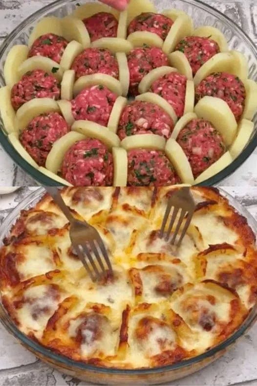 Titelbild für Boil Potatoes And Slice Them. Arrange With Meatballs And Cheese And Bake For A Delicious French Treat